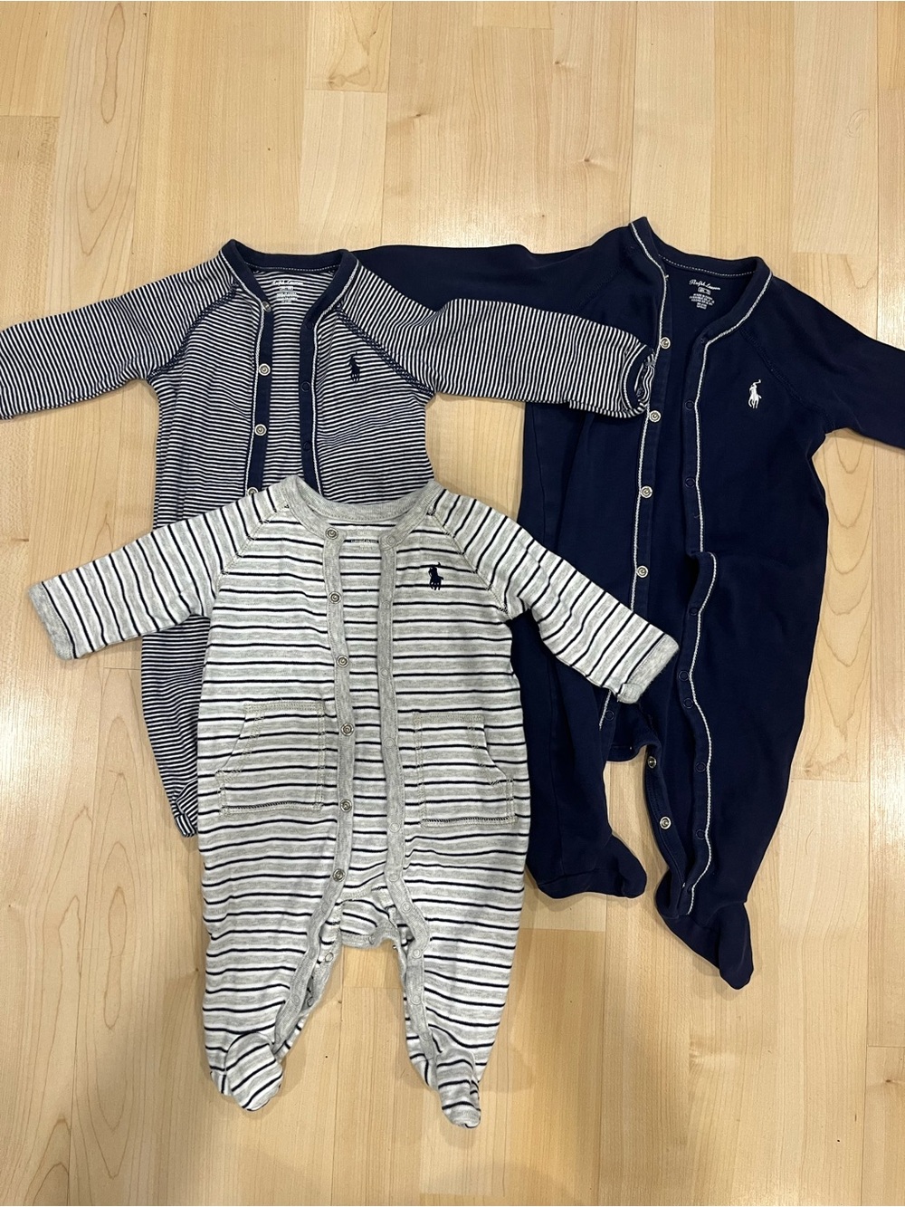 Polo by Ralph Lauren Navy and Gray Striped Baby Footies Set